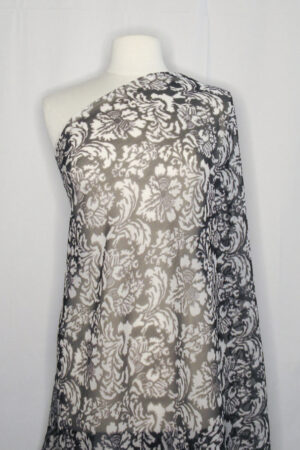 Black & White Damask Print Silk Crinkle Chiffon