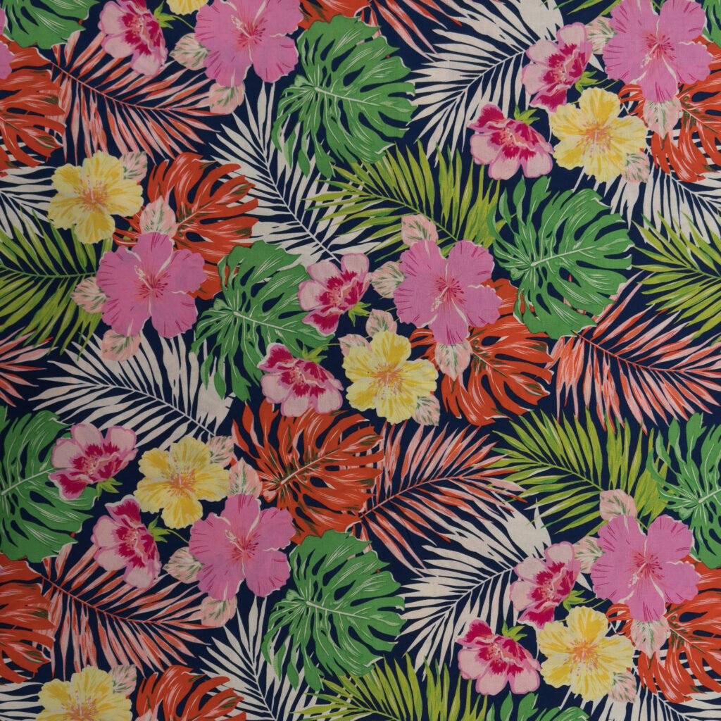 Blue Tropical Floral Stretch Poplin