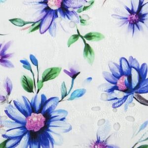 Blue Daisy Flowers on Embroidered Cotton Eyelet