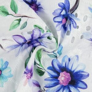 Blue Daisy Flowers on Embroidered Cotton Eyelet
