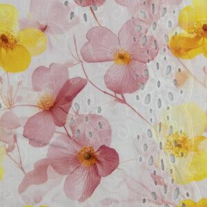 Pink and Yellow Poppies on Embroidered Cotton Eyelet