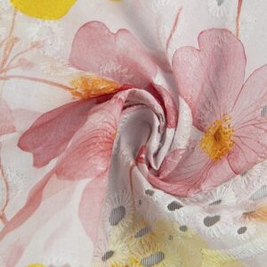Pink and Yellow Poppies on Embroidered Cotton Eyelet