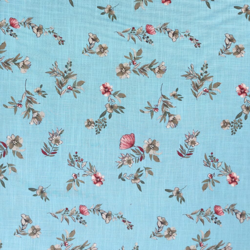 Aqua Floral Linen-Like Rayon